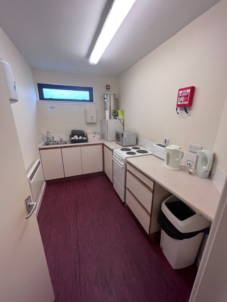 The kitchen, with worktops and cupboards